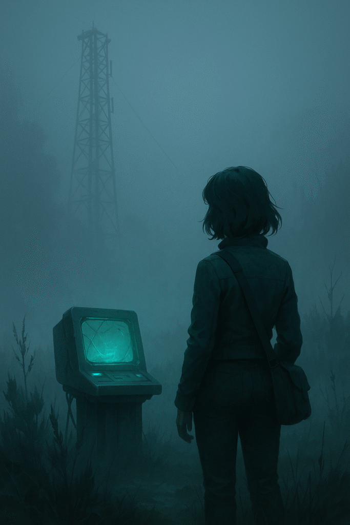Aria stands in the mist near a glowing shard terminal at the Ridge tower, teal light shining softly through fog.