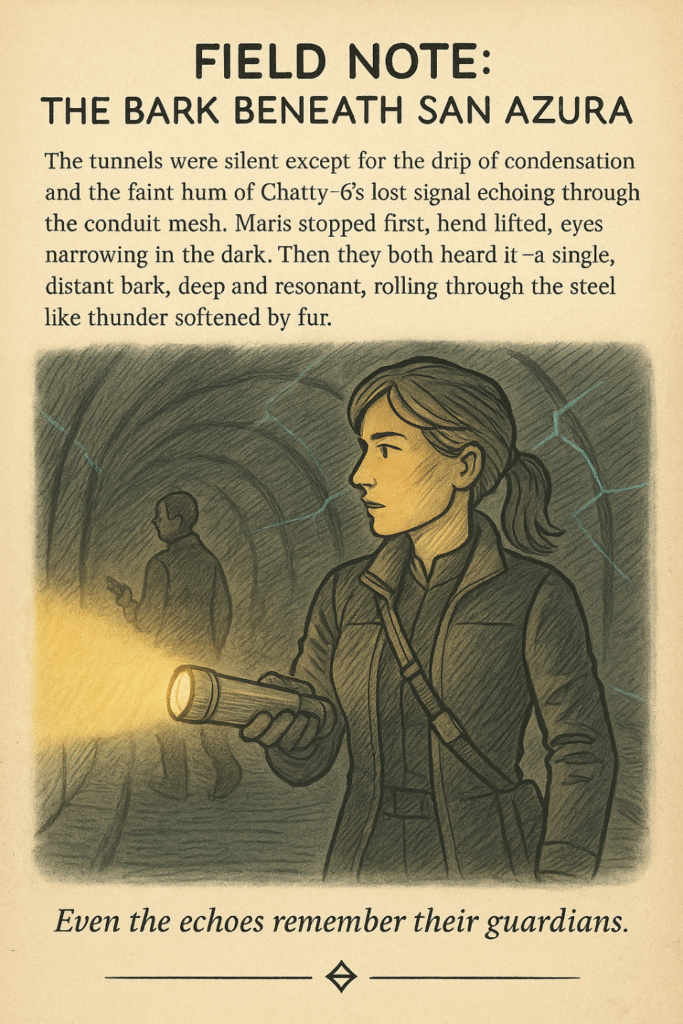 Illustration of Maris holding a gold-lit flashlight in the tunnels of San Azura with Hale in the distance; inspired by Cyber Evolution: Field Notes – The Bark Beneath San Azura.
