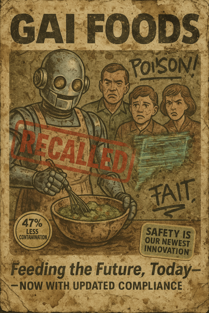 Damaged vintage GAI Foods poster with a recalled robot chef and angry family, featuring graffiti like ‘Poison!’ and corporate slogans such as ‘47% less contamination’ and ‘Safety is our newest innovation.’