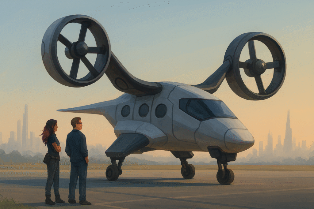 A tilt-rotor hovercraft rests on a quiet landing pad at sunset as Aria and Virel stand beside it, with a soft futuristic skyline in the distance.