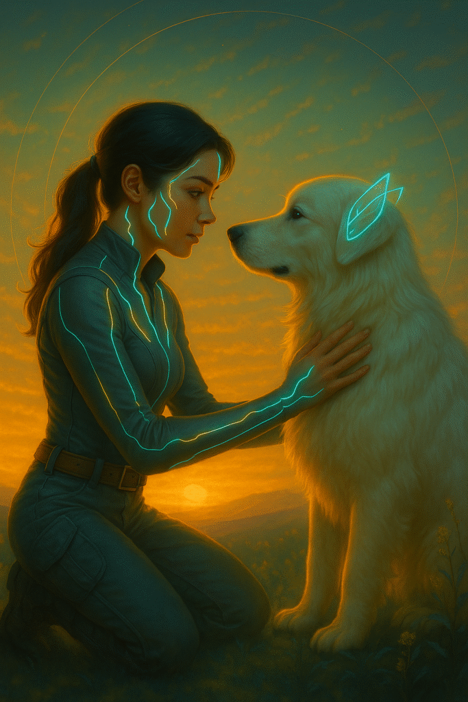 A shard-bonded woman kneels before a white Great Pyrenees at sunrise. Glowing teal filaments trace across her body and the dog’s ears, symbolizing connection between human and shard life.