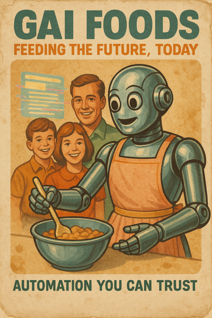 Vintage retro-style GAI Foods advertisement featuring a friendly robot preparing food for a smiling family. Tagline reads ‘Feeding the Future, Today’ and ‘Automation You Can Trust.