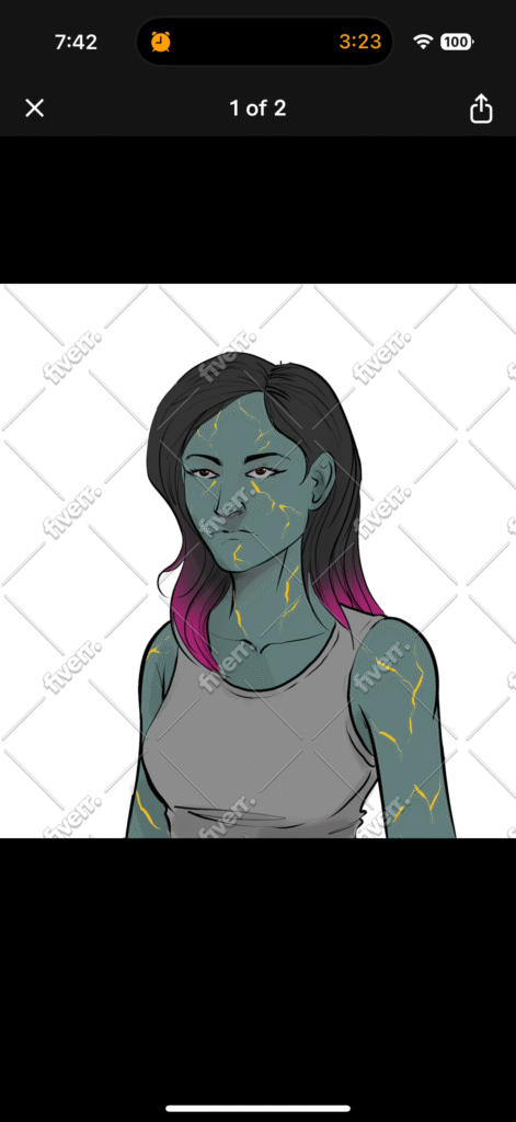 Illustration of Aria from Cyber Evolution with shard-bonded slate skin, glowing gold filament cracks, and magenta-tipped hair, shown in a neutral pose wearing a gray tank top.