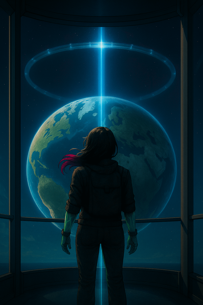 Aria stands inside a sky elevator chamber, looking out at Earth as a glowing orbital ring and vertical beam of light connect the planet to the Horizon Loop Network.