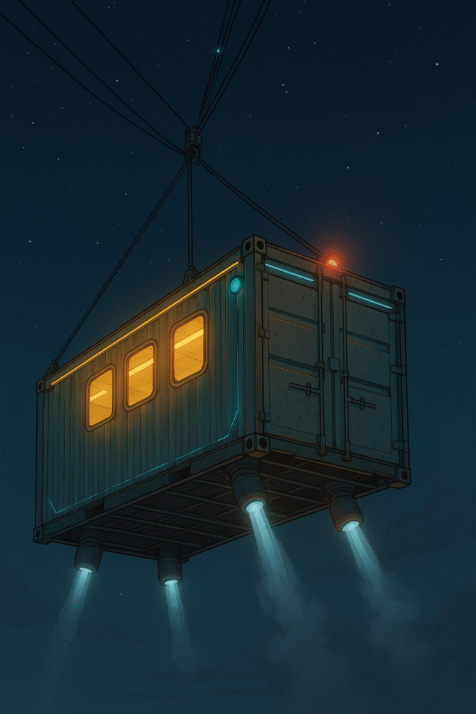 A Loop Drop container descending at night, suspended by cables with soft blue thrusters stabilizing its descent.
