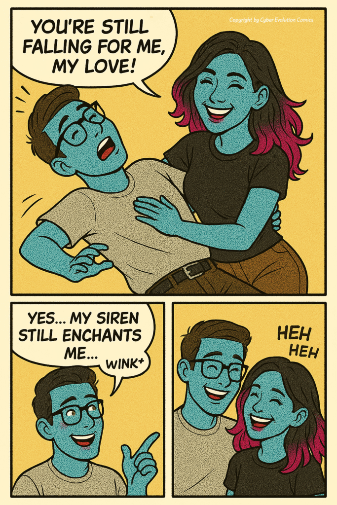 Retro-style comic panel featuring two blue-skinned characters, Aria and Virel. Aria holds Virel playfully as he exclaims, “You’re still falling for me, my love!” He replies, “Yes… my siren still enchants me,” followed by both characters laughing together.