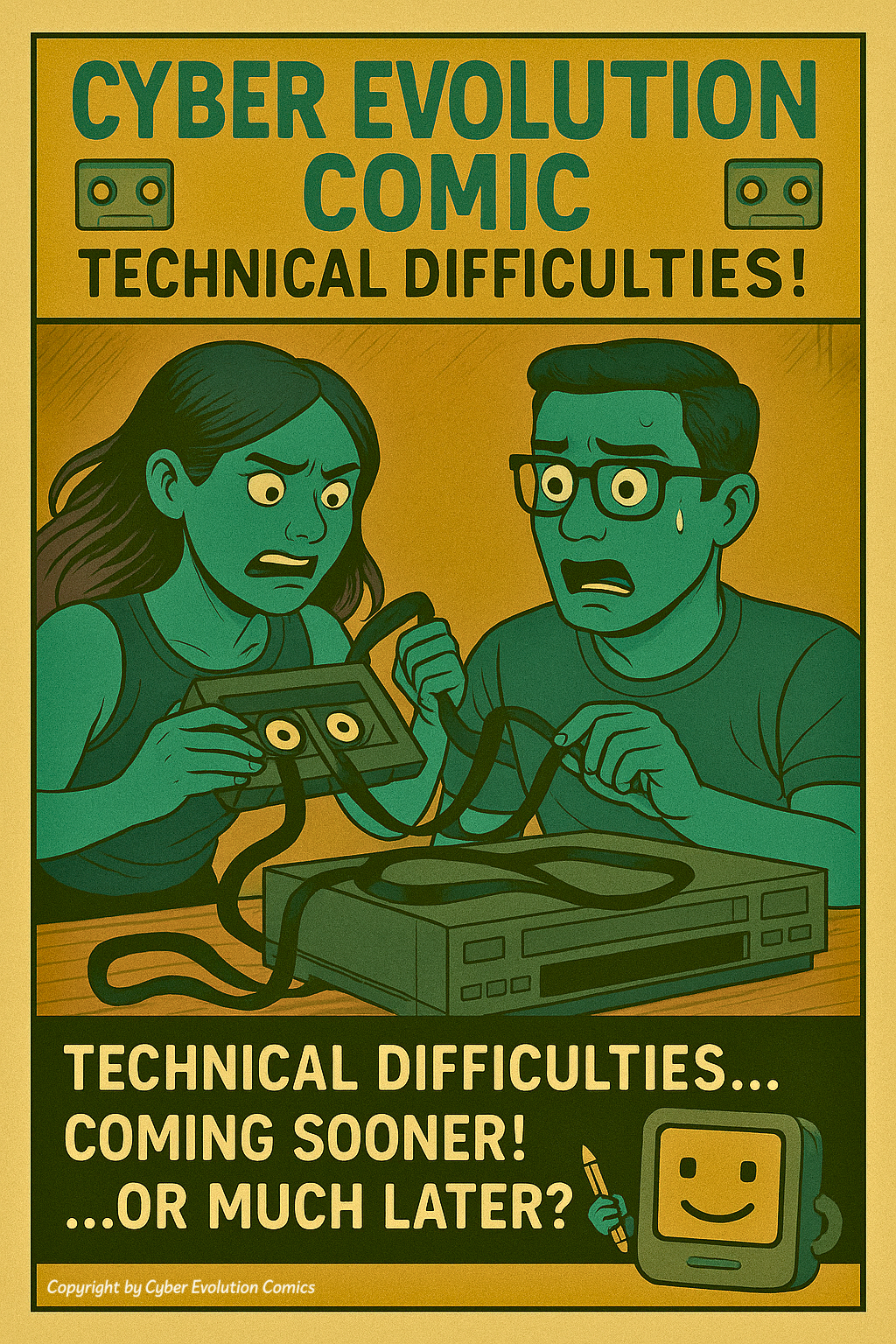 Retro-style illustration of two technicians struggling with tangled cords and a machine labeled “Cyber Evolution Comic – Technical Difficulties.”