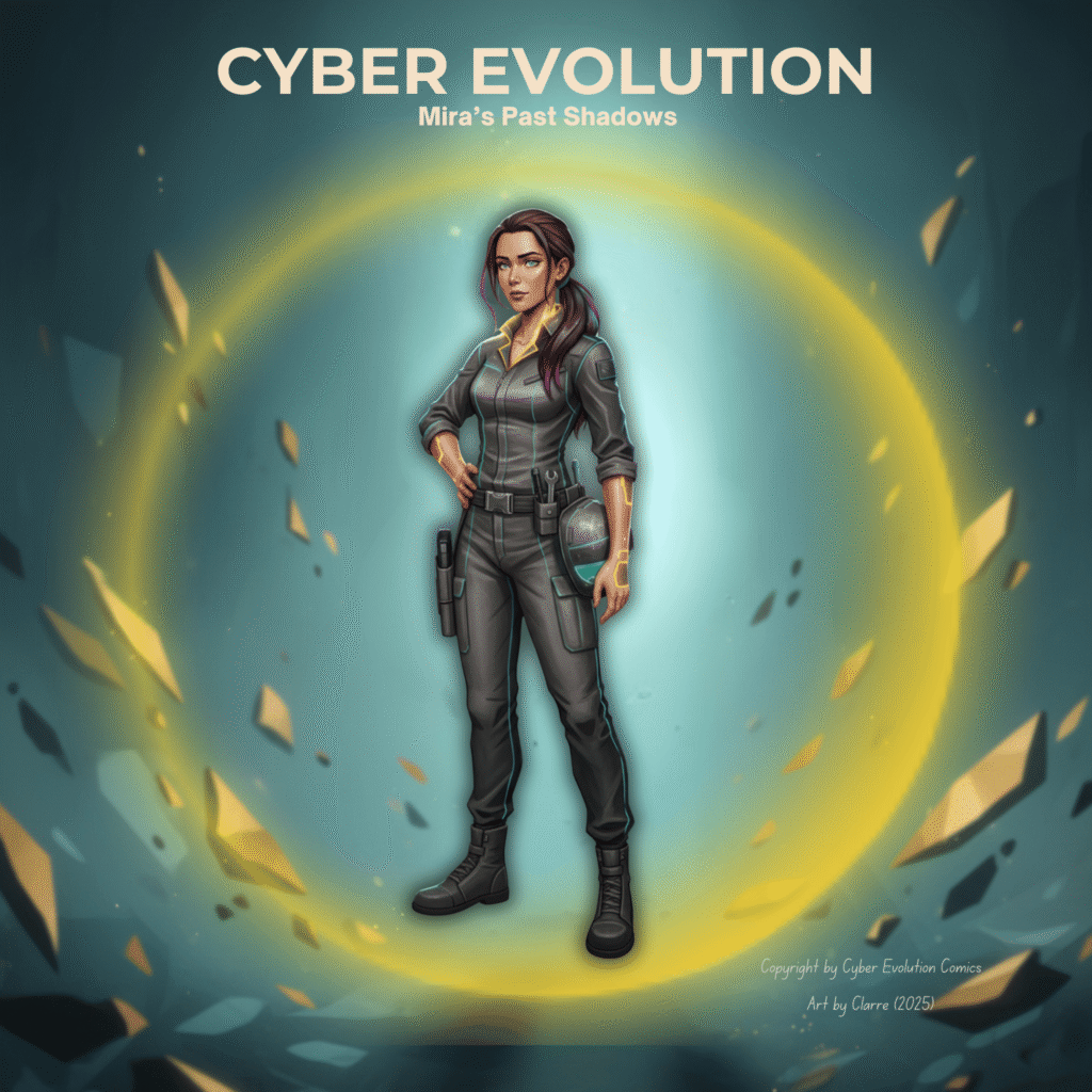 Stylized cover of Mira from Cyber Evolution, standing in a tactical suit with shard-lined circuitry and holding her helmet, surrounded by a glowing golden resonance halo.