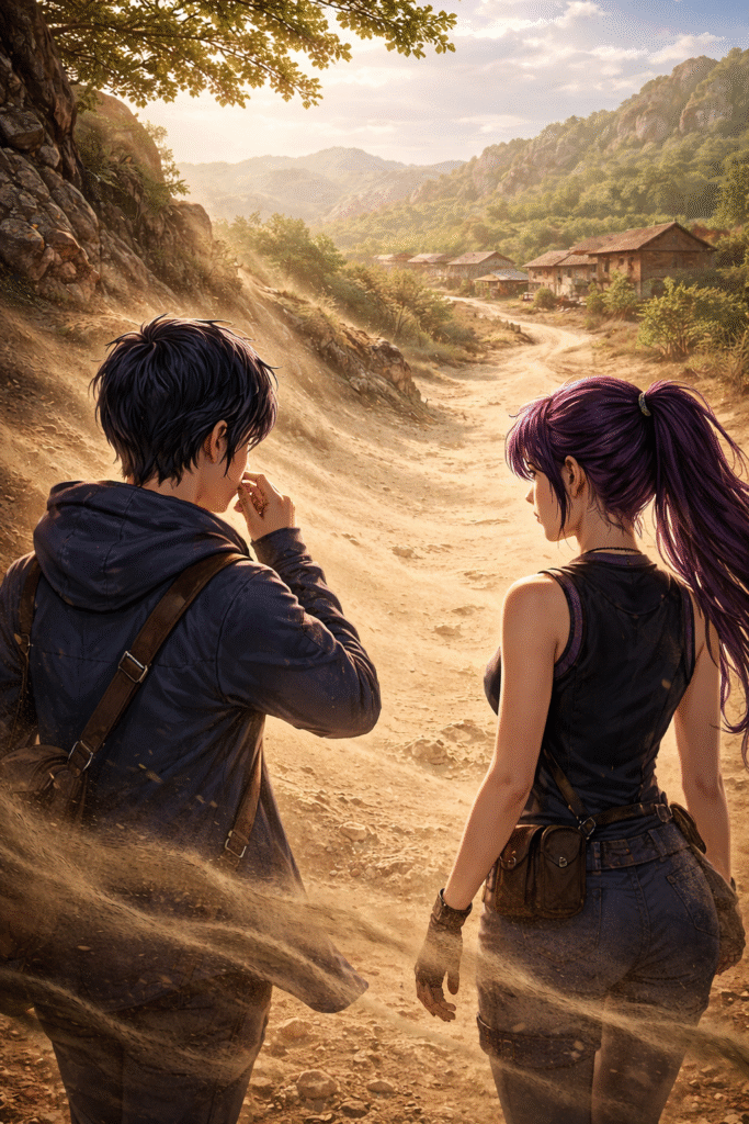 Aria and Virel walk down a dusty path toward a village as wind lifts sand around them, capturing a subtle moment of change in Cyber Evolution: Grit.