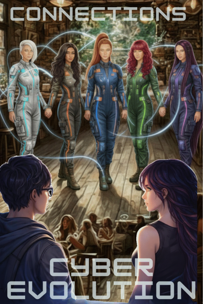 Five women in futuristic uniforms walk in sync through a café, connected by soft glowing resonance lines, while two observers watch from the foreground.